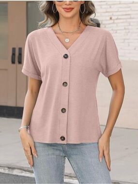 2 Women’s V-Neck Button Front Top - Apricot and white